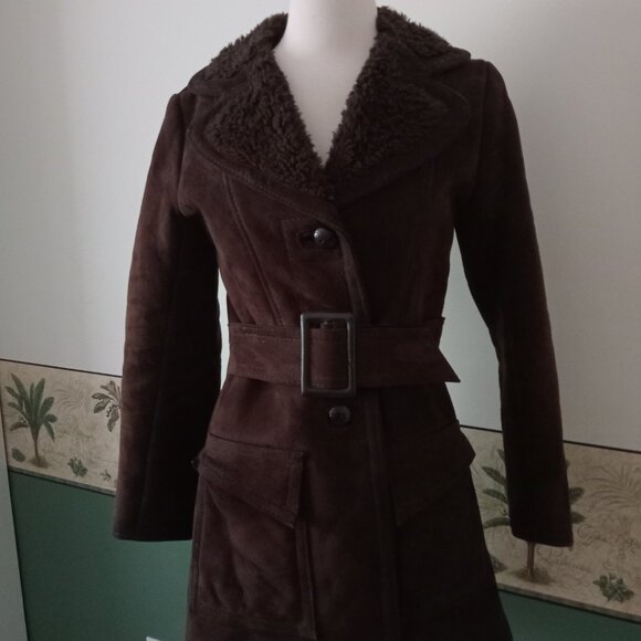 Vintage 1970s Suede Shearling Chocolate Brown Penny Lane Belted Coat - Picture 2 of 6